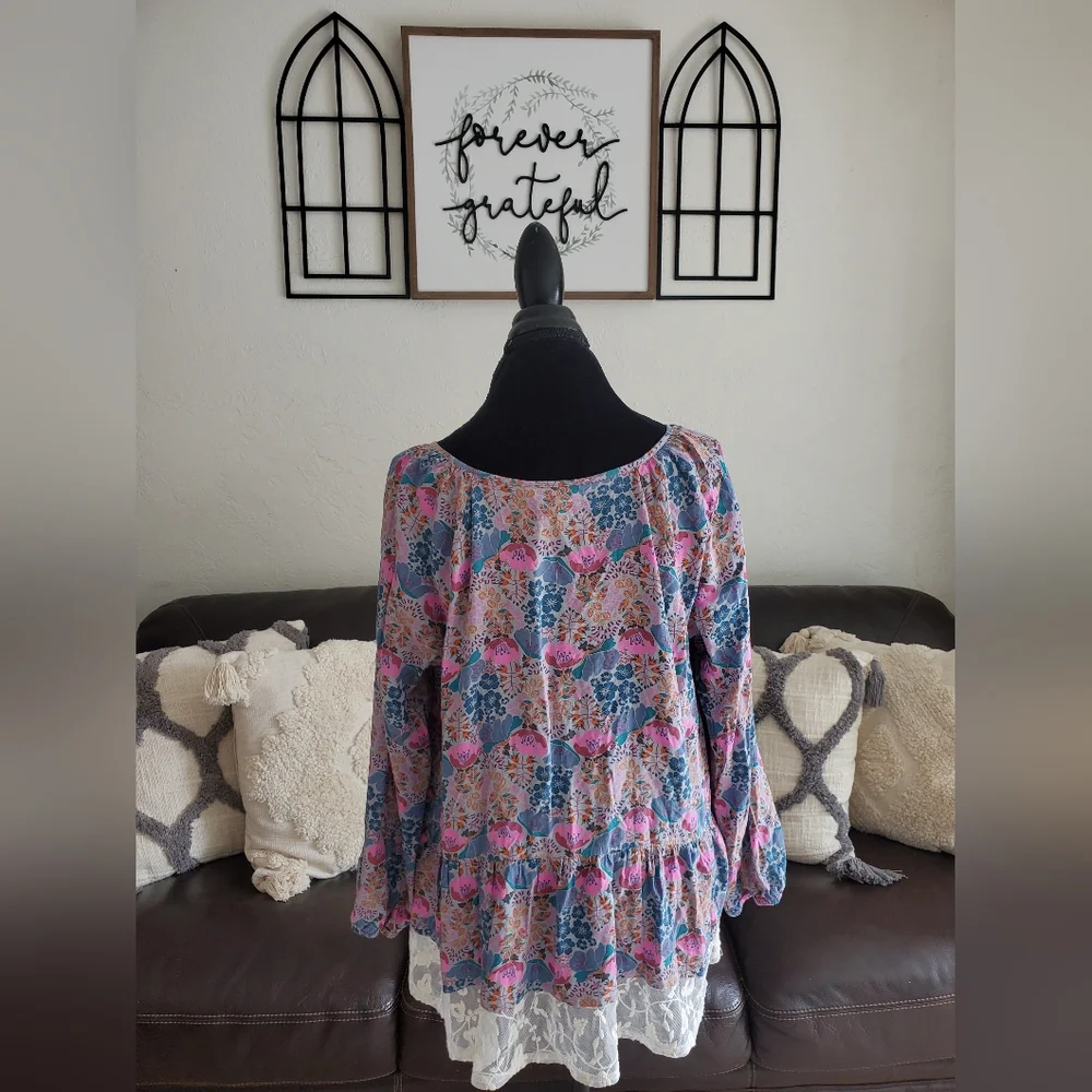 Matilda Jane Floral Print Make Believe Sew Perfect Boho Chic Lace Blouse Size L
